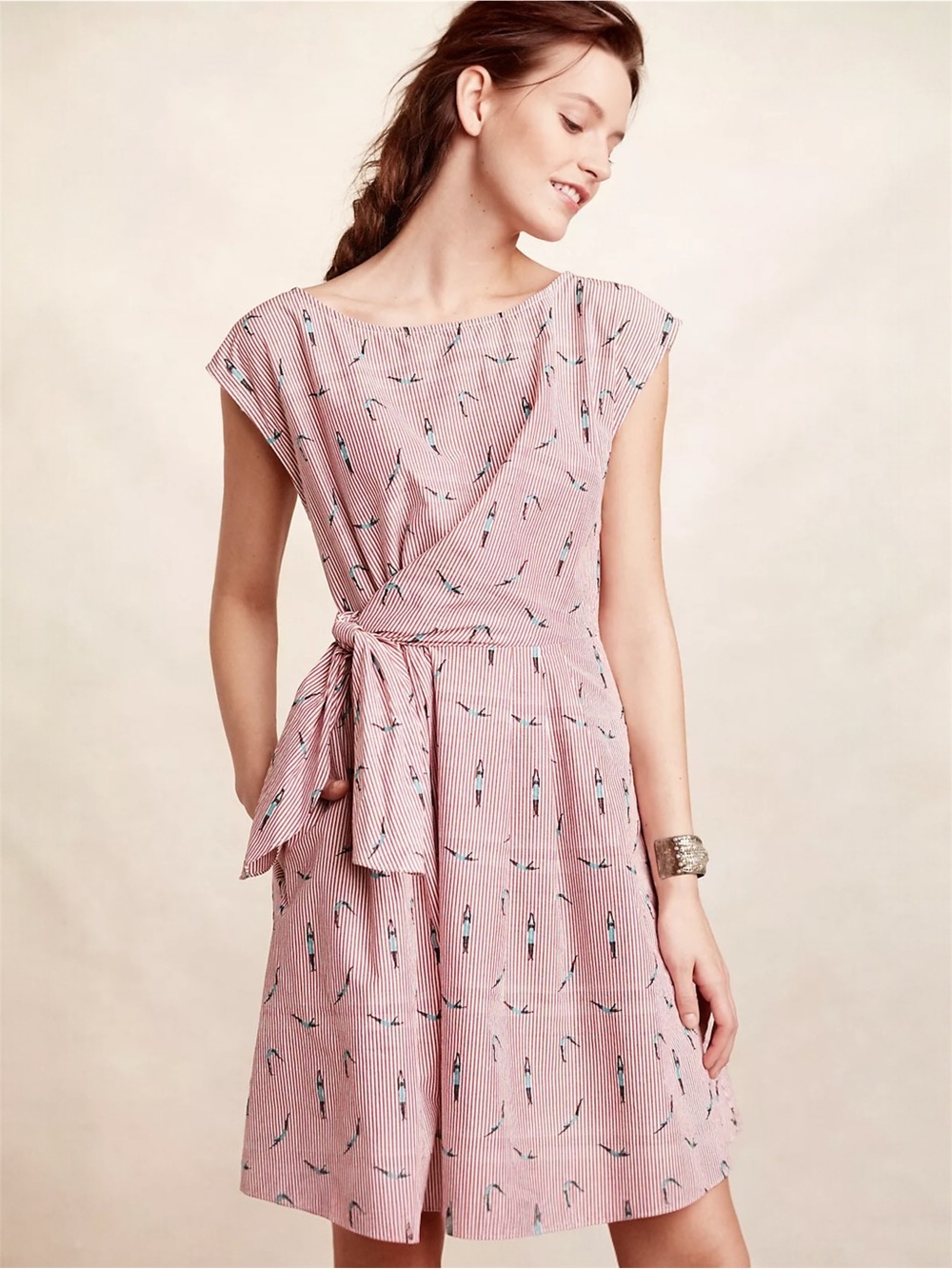 $168 Maeve Embroidered Swimmer Monogram Stripes Wrap Dress Size 4 Midi Women’s
